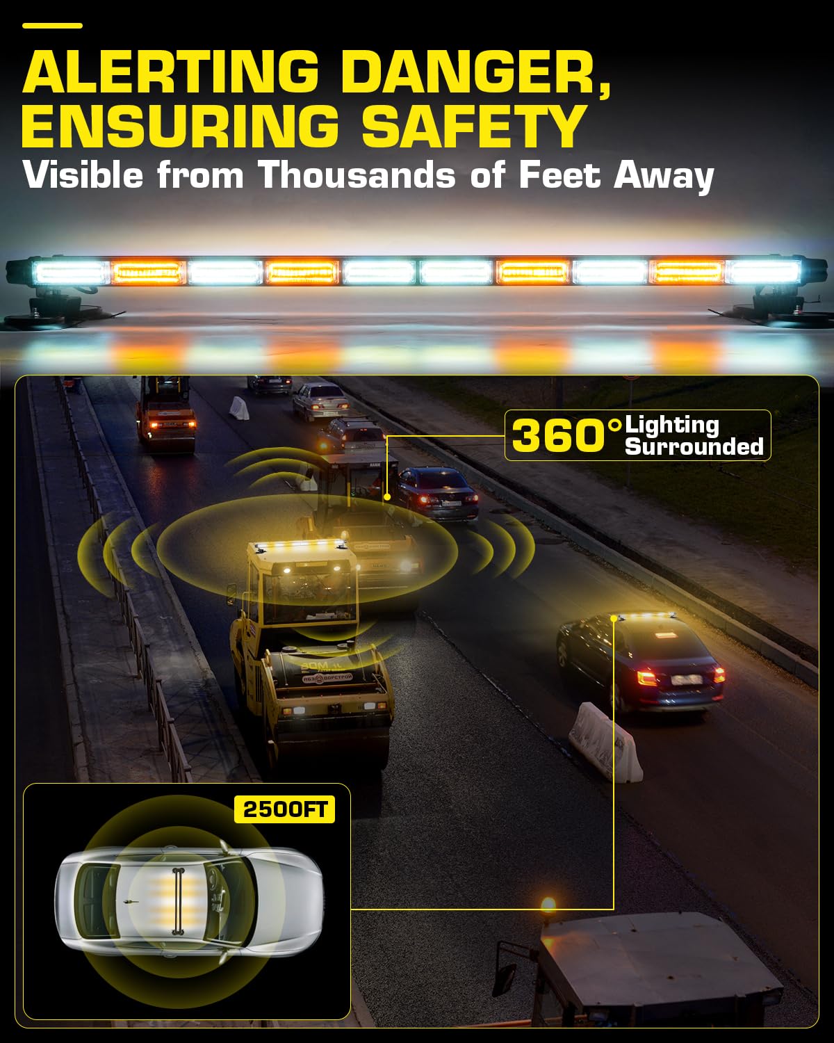 LRTER 42inch 206 LED Rooftop Emergency Strobe Light Bar Flashing Safety Lights w/Controller Traffic Advisor Warning Hazard Light for Trucks Vehicles Construction Tow Pickup Snowplow Amber White