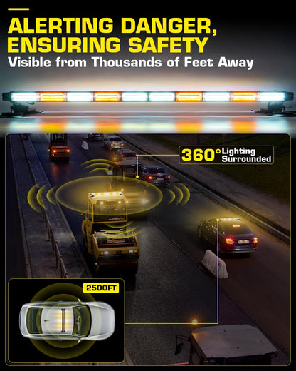 LRTER 42inch 206 LED Rooftop Emergency Strobe Light Bar Flashing Safety Lights w/Controller Traffic Advisor Warning Hazard Light for Trucks Vehicles Construction Tow Pickup Snowplow Amber White
