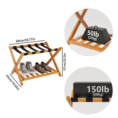Smuxee Fully Assembled Honey Luggage Racks Pack of 2, Upgraded Bamboo Foldable Suitcase Stand with 5 Nylon Straps, Luggage Holder with Shelf for Guest Room Bedroom Hotel