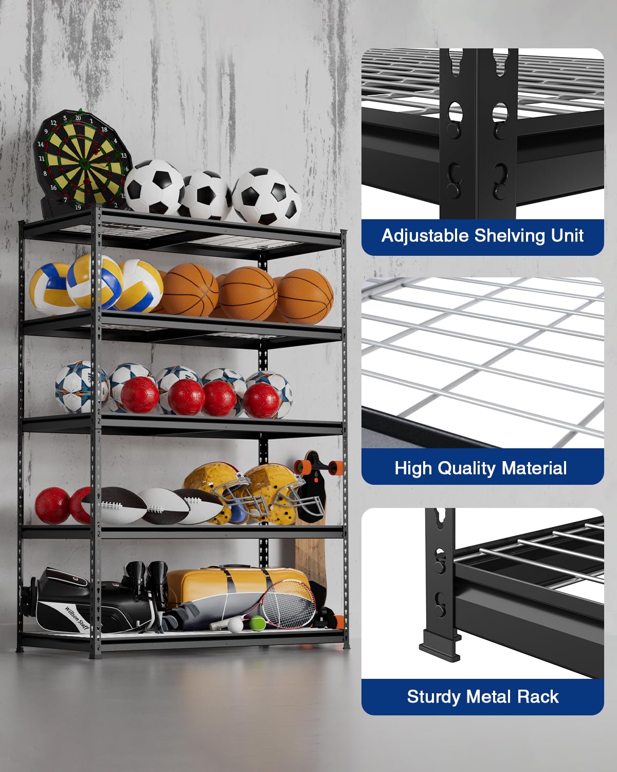 WORKPRO 5-Layer Heavy Duty Metal Storage Rack, 48”W x 24”D x 72”H, Adjustable Shelving Unit with 4000 lbs Total Load Capacity, for Garage, Kitchen, Bathroom, Warehouse