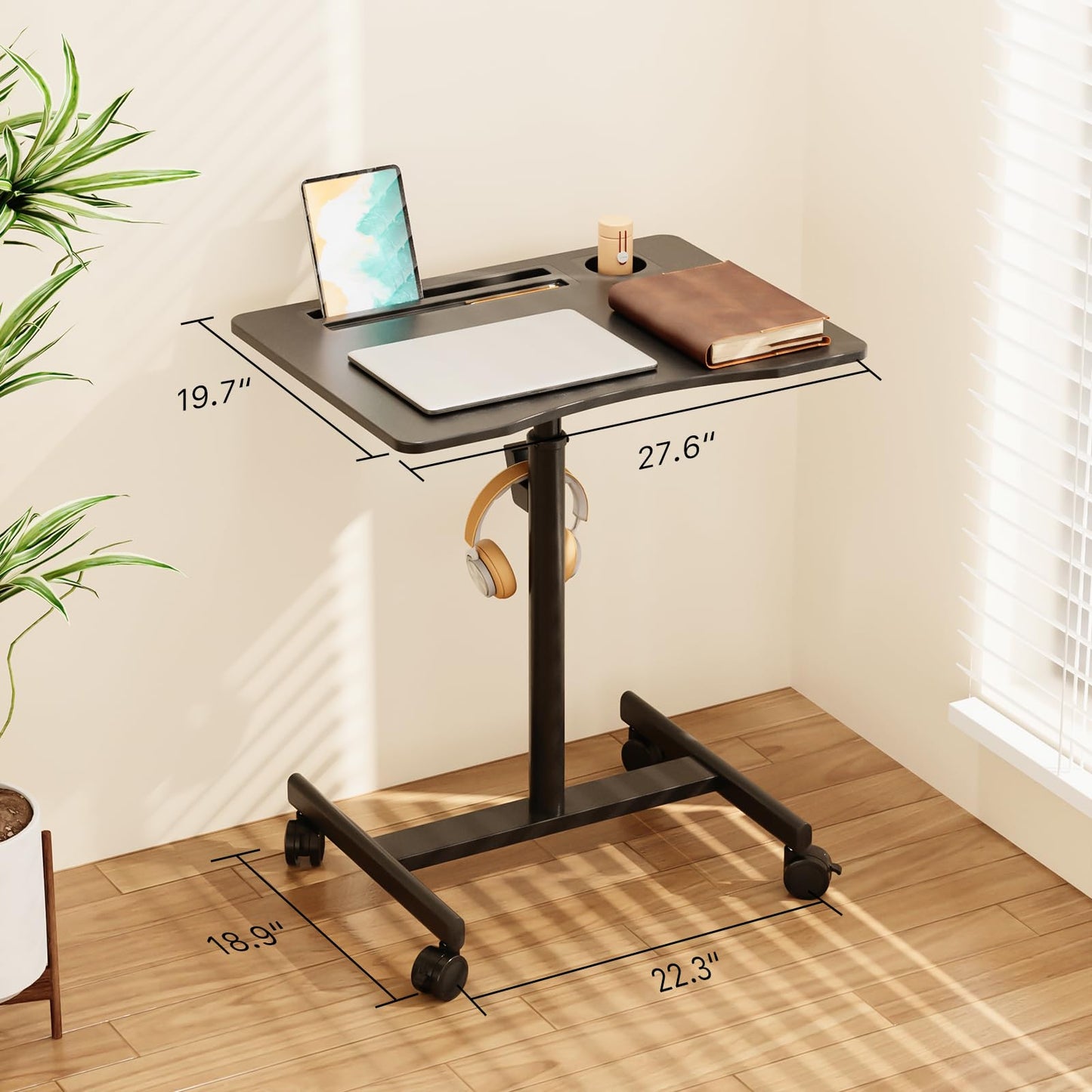 JYLH JOYSEEKER Mobile Standing Desk, 28 inch Rolling Standing Laptop Desk with Cup Holder, Mobile Desk Workstation with Wheels, Portable Computer Desk Cart with Hook for Home Office, Black