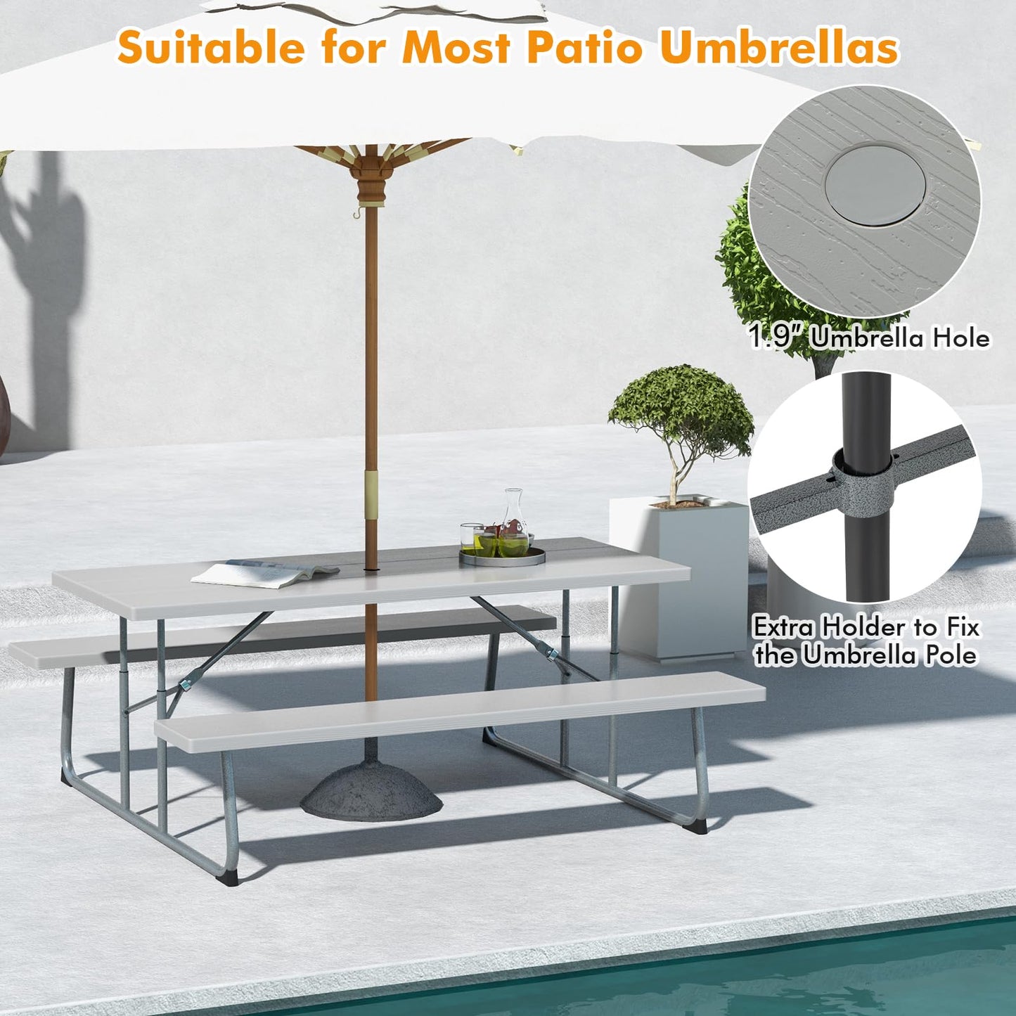 Tangkula 6 Ft Folding Picnic Table, Outdoor 8 Person Large Picnic Table Set with 2 Built-in Benches, Umbrella Hole, Metal Frame & HDPE Tabletop for Garden, Backyard (Grey)
