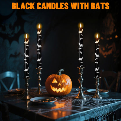 Wondise Black Halloween Flameless Taper Candles with Remote & Timer, Halloween Battery Operated Candles with Bats Decals Waxy 3D Wick Flickering for Halloween Decorations