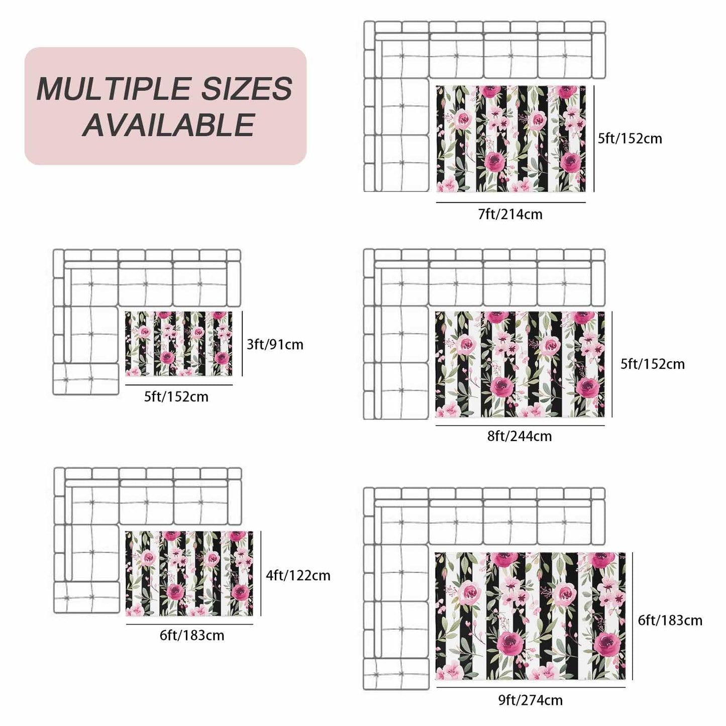 Outdoor Patio Rugs Pink Flowers Illustration Outdoor Area Rug Black and White Stripe Non-Slip Backyard/Camping RV Rug/Deck/Porch Rug Front Door Floor Mat Carpet,5x8ft,