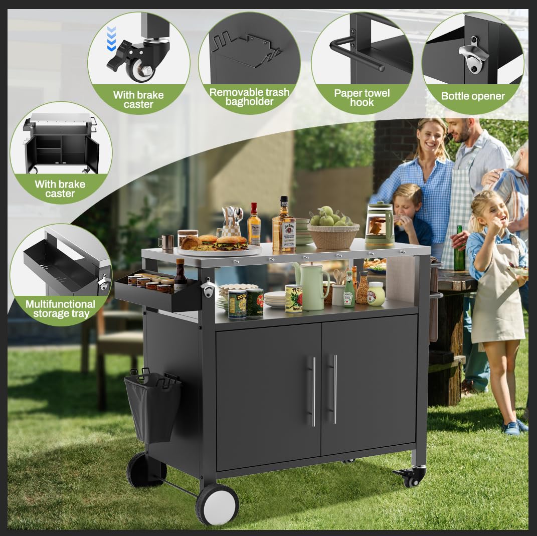 KEIKI Two Doors Outdoor Grill Cart with Patio Furniture, Rolling Bar Cart, Outdoor BBQ Cart with Hooks and Spice Rack for Grilling Accessories
