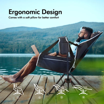 AKSOUL Hammock Camping Chair Swinging: Aluminum Alloy Adjustable Back Swinging Chair, Folding Rocking Chair with Pillow Cup Holder, Recliner for Outdoor Travel Sports Games Lawn Concerts Backyard