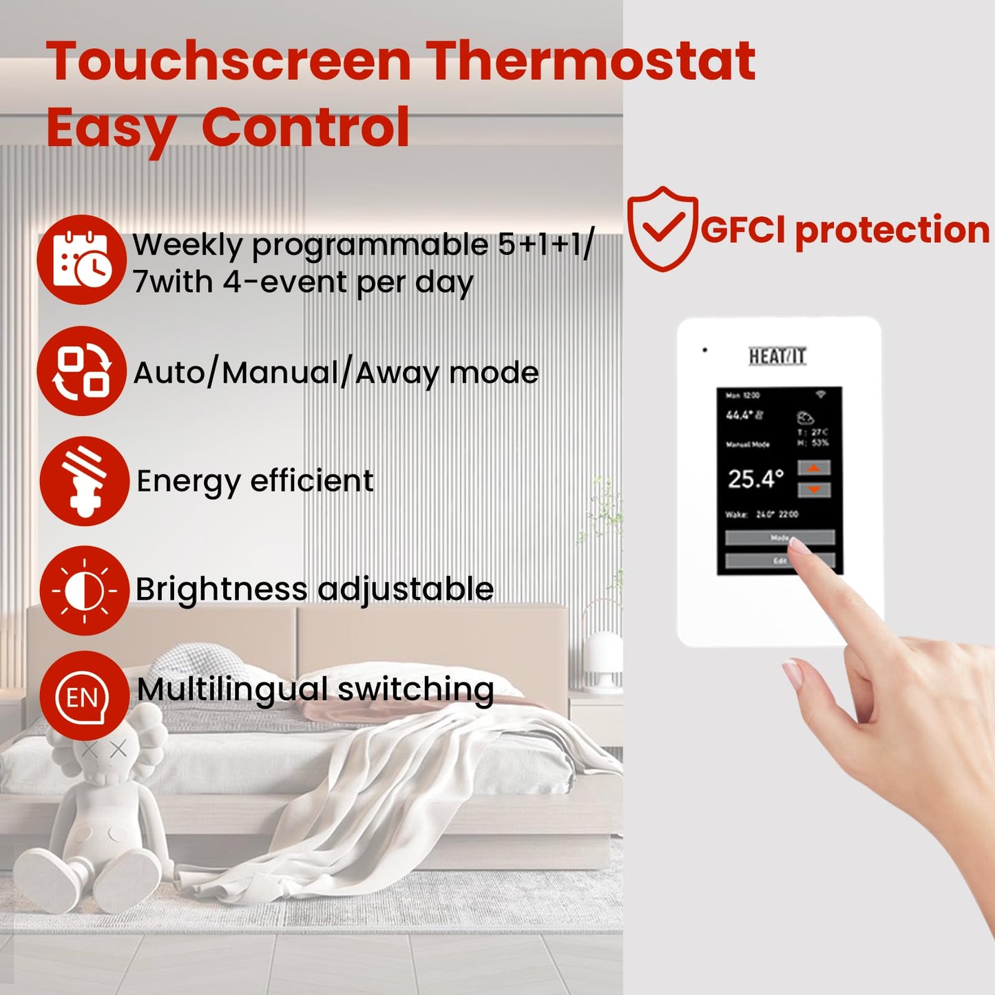 100 sqft HEATIT Warmmat Electric Radiant Self-adhesive Floor Heat Heating System & ET-7AW Thermostat & Alarm Monitor