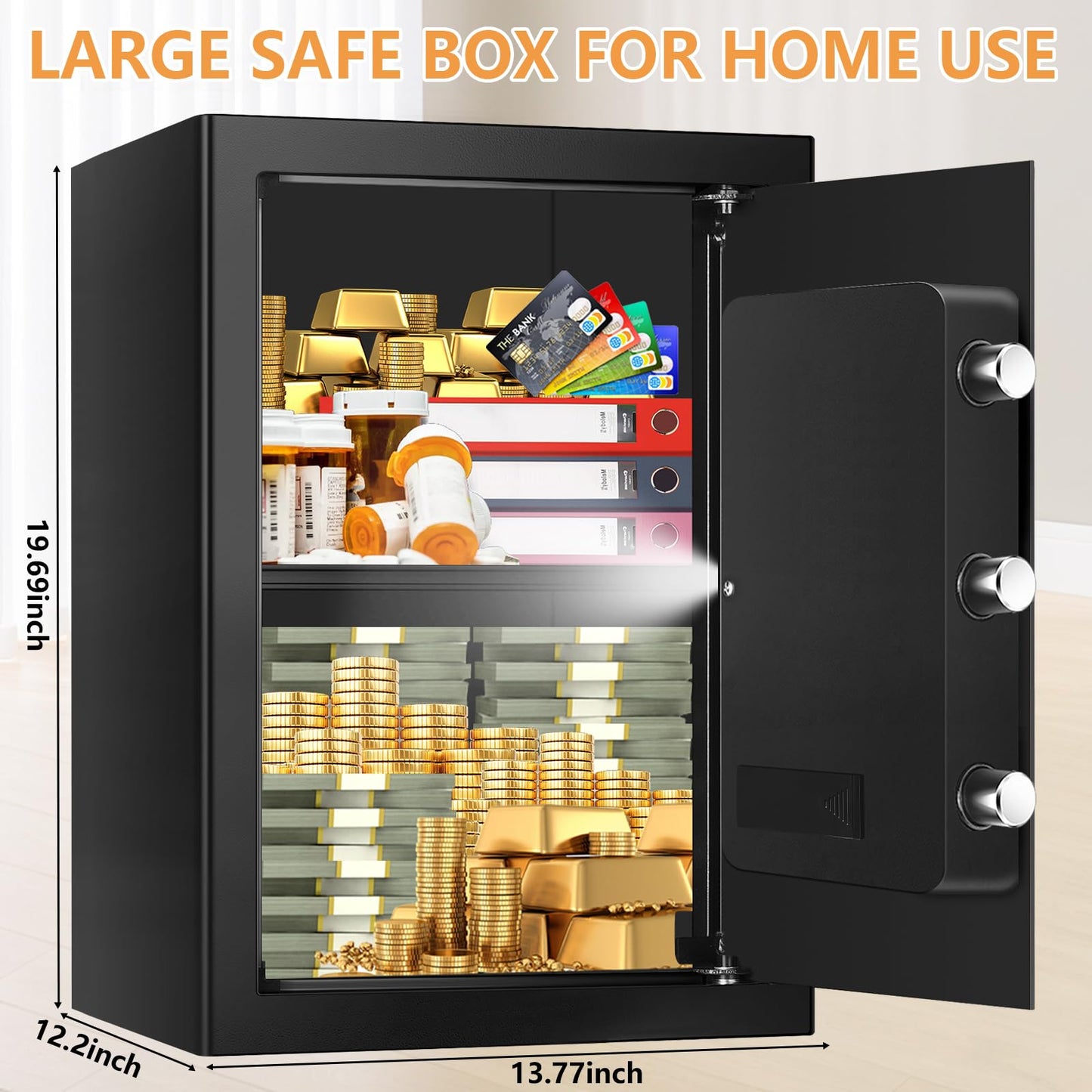3.4 Cubic Feet Large Safes for Home Use Fire and Water proof, Digital Security Safe with Key and Combination, Home Safes Water and Fireproof for Firearm Medicine Money Valuables