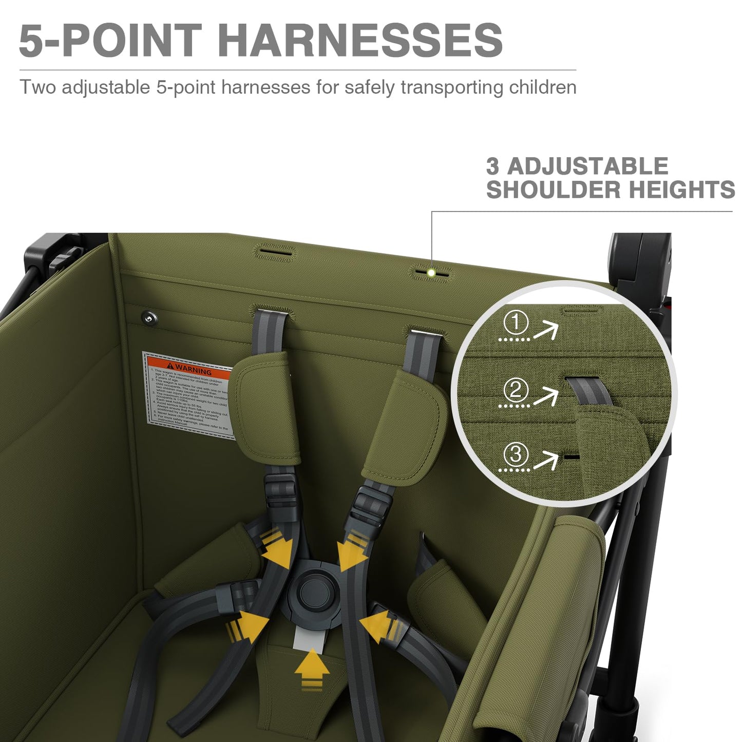 EVER ADVANCED Foldable Wagons for Two Kids & Cargo, Collapsible Folding Wagon Stroller with Adjustable Handle Bar,Removable Canopy with 5-Point Harness,Green