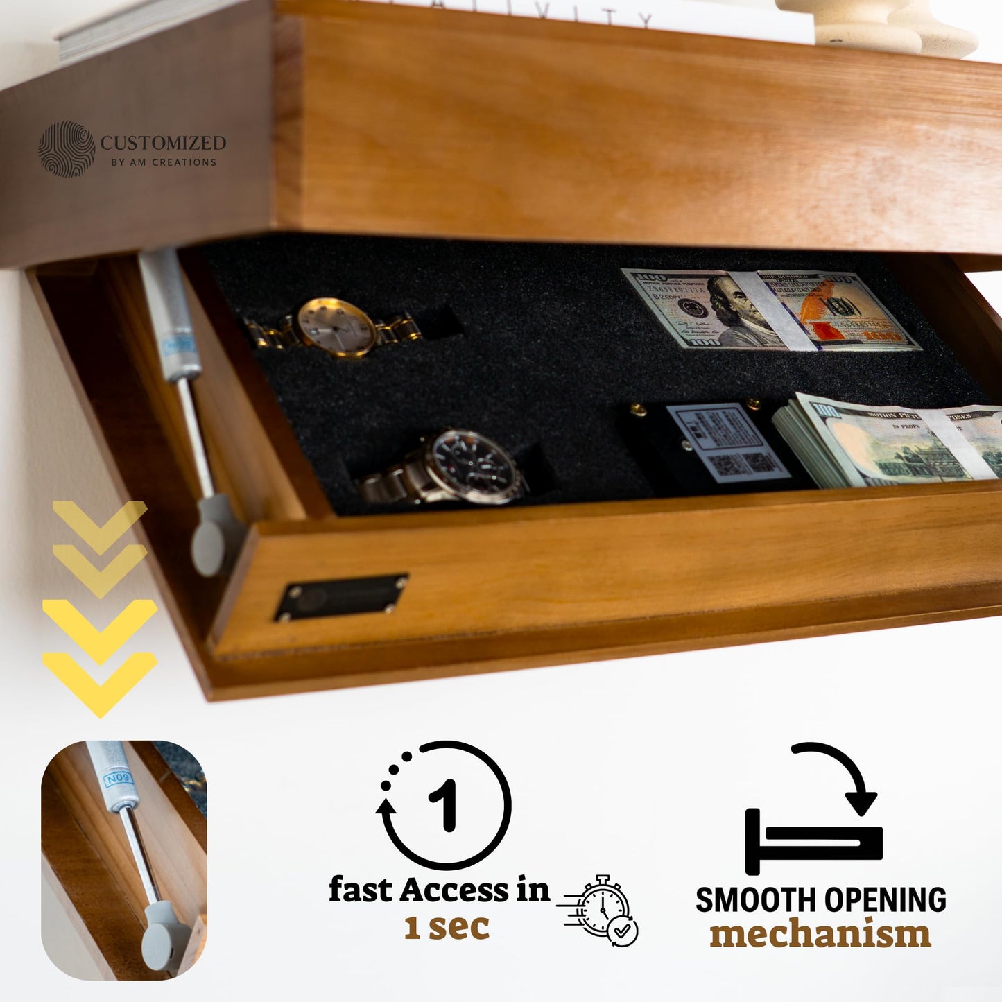 Concealment Shelf with RFID Lock - Concealed Gun Floating Shelf with Hidden Storage Compartment, Wooden Shelves for Wall Mount Display with Secret Drawer, Weapon Hiding Furniture Safe by AM Creations