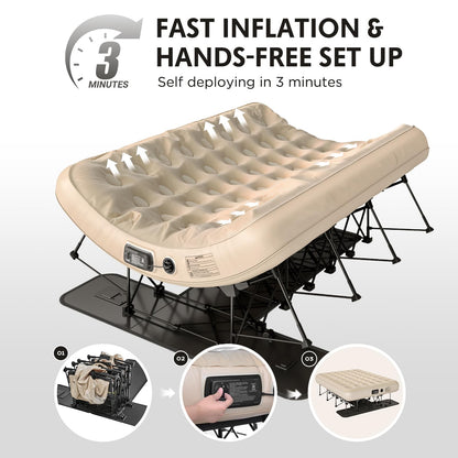 Simpli Comfy Queen EZ Bed Self-Inflating Air Mattress with Built-in Frame, Pump and Wheeled Case, Blow Up Inflatable Rolling Air Bed on Wheels