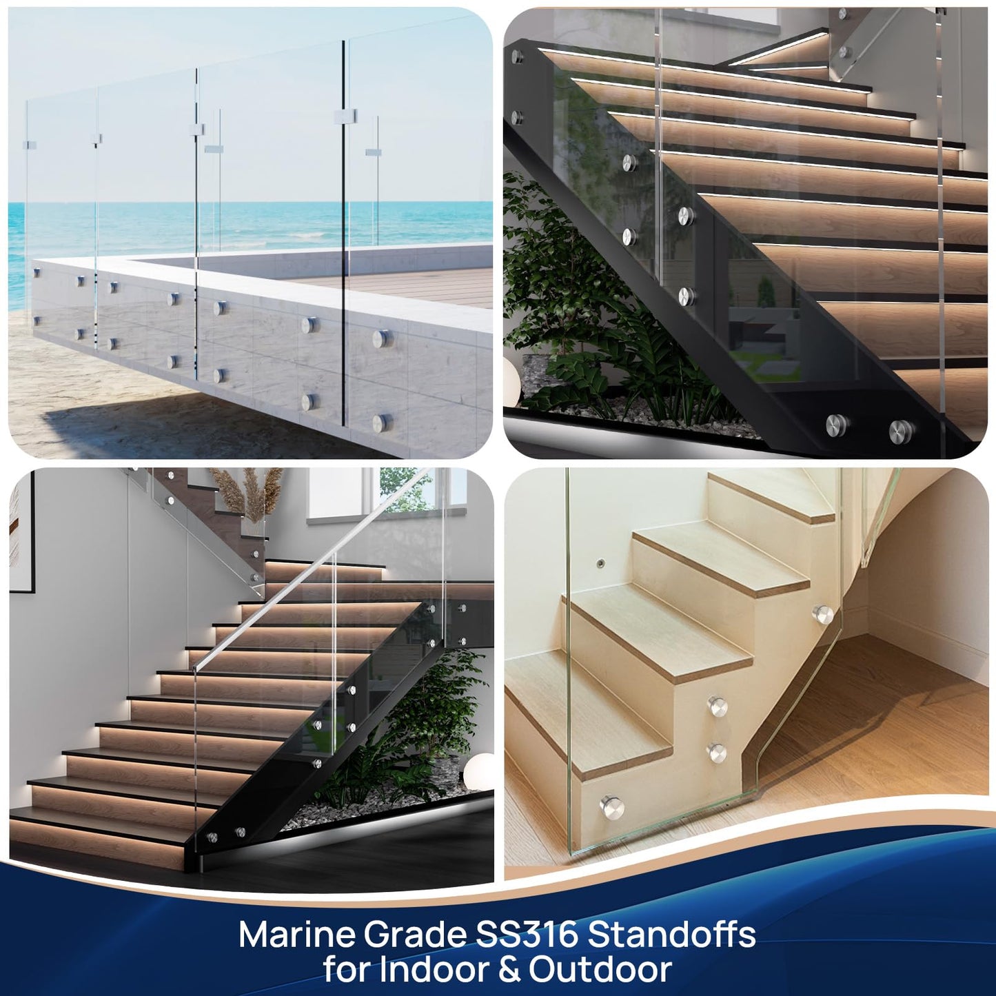 24 Pack LukLoy SS316 Solid 1.32lb Heavy Duty Glass Railing Standoff Hardware for Balcony Stair Balustrade, 2" Stair Glass Railing Standoffs Pins (Marine Grade)