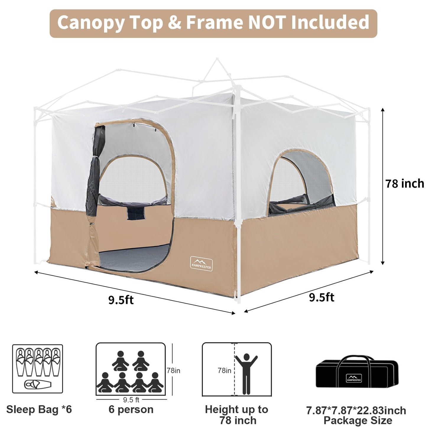 KAMPKEEPER Camping Inner Tent for Pop Up Canopy, Converts 10'x10' Straight Leg Canopy into Camping Tent–Fully Vented Roof(Top & Frame NOT Included) (Khaki, Classic)