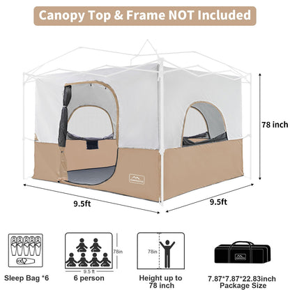 KAMPKEEPER Camping Inner Tent for Pop Up Canopy, Converts 10'x10' Straight Leg Canopy into Camping Tent–Fully Vented Roof(Top & Frame NOT Included) (Khaki, Classic)