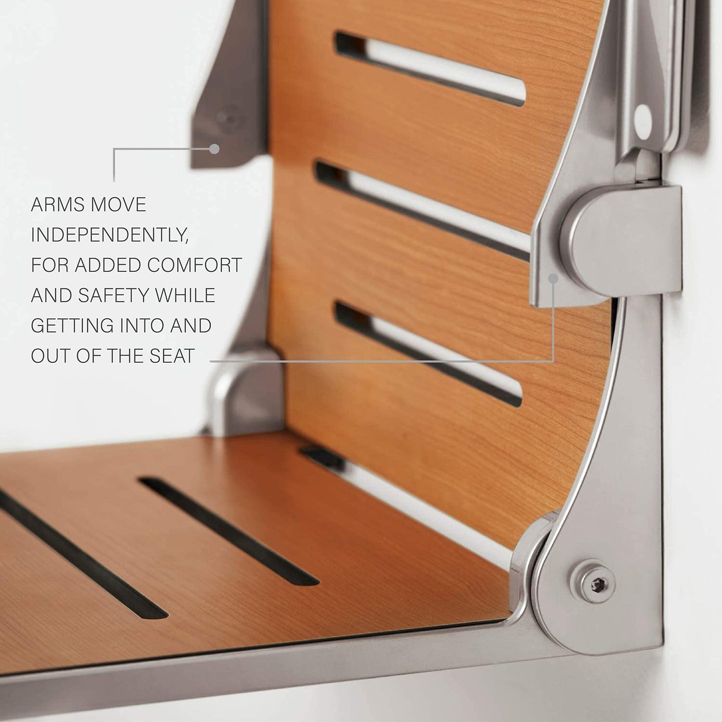 Seachrome Silhouette Comfort Folding Wall Mount Shower Bench Seat with Arms, Teak Seat with Silver Frame