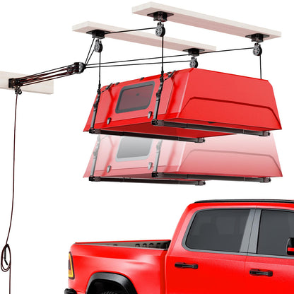 Pacikwest Truck Cap Hoist System for Garage Ceiling, Smart 4-Point Self-Leveling Garage Hoist with 8:1 Pulley Lift System, Easy One-Person Overhead Garage Storage Lift for Truck Topper Rack, 250 lb