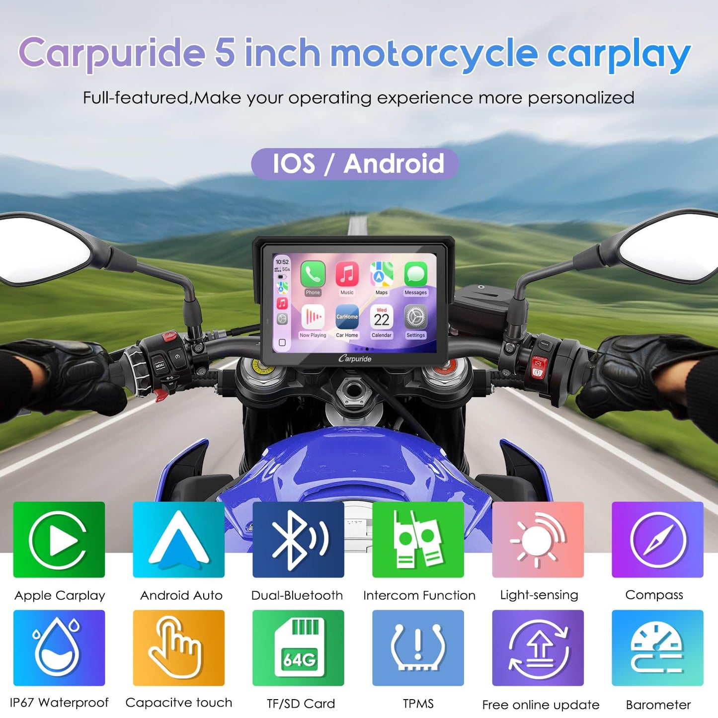 Carpuride W502TPRO for Motorcycle CarPlay& Android Auto& TPMS& Dual Bluetooth - 5" Waterproof GPS Navigation Screen for Motorbike, Music Sharing, Intercom, EQ, Light Sensor, Compass, Barometer
