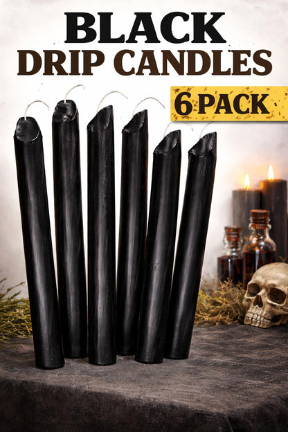 Black Drip Candles 6 Pack – Unscented Wax Candle Sticks for Weddings, Parties, Gothic & Halloween Decor – 6.5″ Tall Slow Drip Candles for Wine Bottles & Events