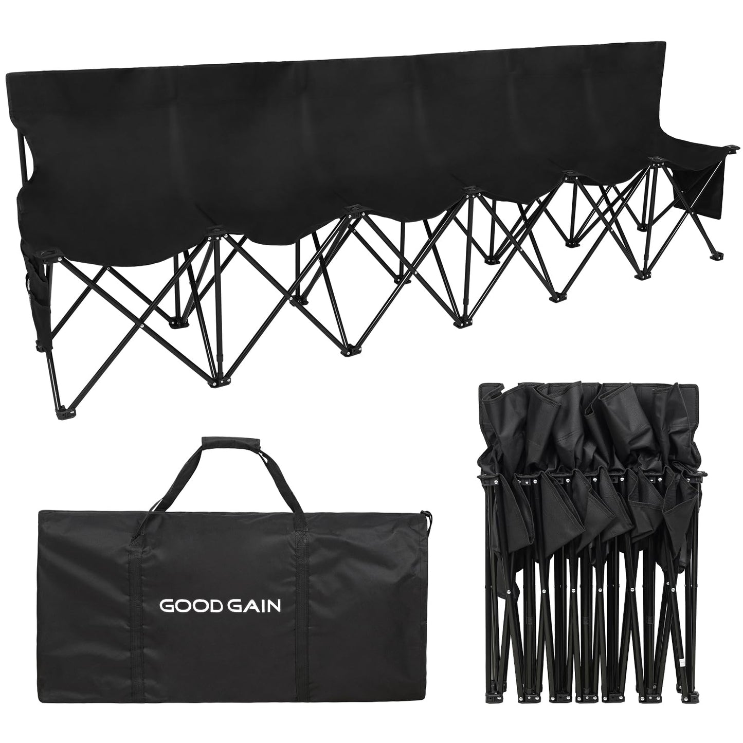 G GOOD GAIN Portable Soccer Bench - Team Bench Soccer 6 Seats with Bag, Sideline Folding Bench, Folded Chair Seating 6 for Football Camp Outdoor Sport Events, Team Chairs for Adults, Black