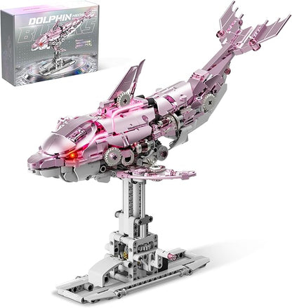 Mechanical Dolphin Building Kit Hand Crank Building Toys with Moving Jaw Swimming Tail &amp Glowing Light Effects STEM Educational Toy &amp Unique Desk Decor for Ages 8+ &amp Adults Pink
