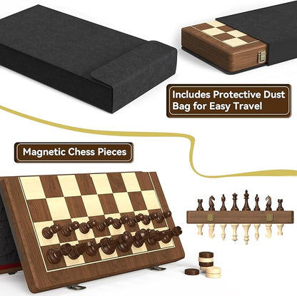 Premium Natural Walnut 15 Magnetic Wooden Folding Chess &amp Checkers Set- 2 in 1 Board Game with 3 King Staunton Pieces and 2 Extra Queens Checkers and Dust-Proof Storage Bag (Black)