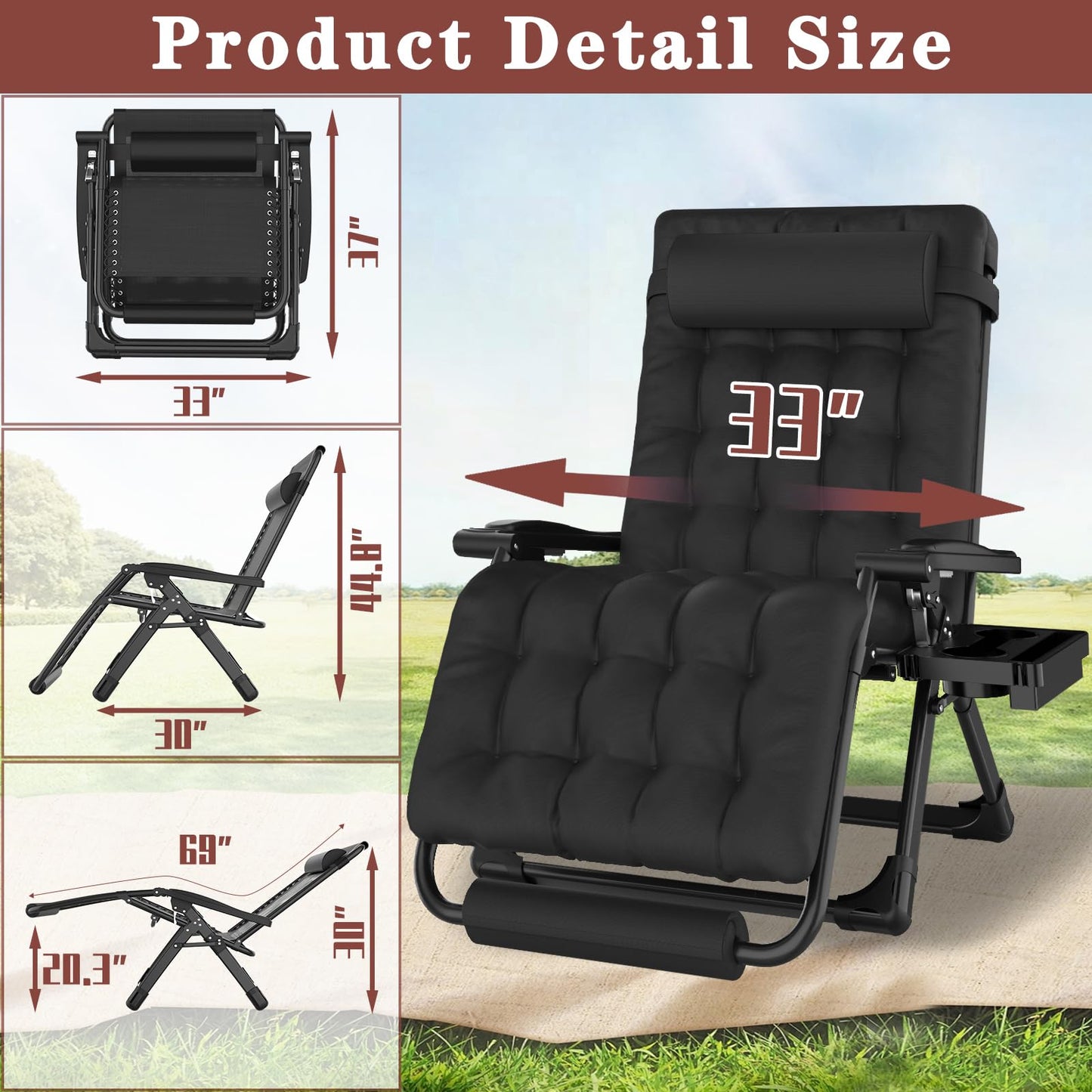 YOMIFUN Oversized Zero Gravity Chair with Storage Bag,33" XXL Lounge Chair with Thickened Cushion & Headrest, Patio Lawn Chair with Footrest & Cup Holder for Indoor & Outdoor, Supports 500LBS, Black