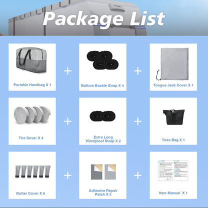 RV Cover 30-33ft, 7 Layers Heavy Duty Travel Trailer Cover, Weatherproof & UV Resistant Camper Cover with 10 Windproof Straps, 4 Tire Covers, Storage Bag, Gutter & Tongue Jack Covers