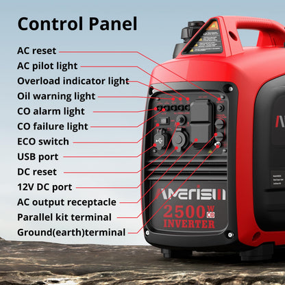 AMERISUN 2500-Watt Gas Powered Portable Inverter Generator, CO Sensor, Super Quiet for Home Backup, Emergency, Camping, EPA Compliant