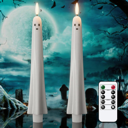 Halloween Ghost Flameless Taper Candles Battery Operated with Remote and Timer Real Wax 3D Wick Flickering White LED Taper Candlesticks Spooky Halloween Indoor Decor(2 Pack, 0.79"D x 9.5"H)