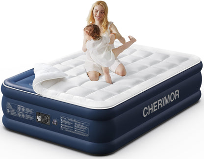 CHERIMOR Queen Air Mattress with Built-in Pump & Luxury Quilted Topper (Washable&Detachable), 20" Raised Comfort, 800lb Support, 4.5 Min Fast Inflate, Blow up Mattress for Guest Camping & Home