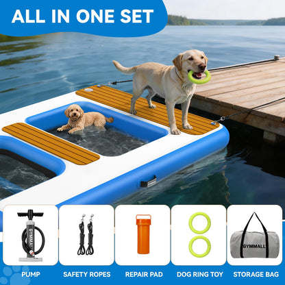 GYMMALL Large Dog Dock Ramp with Water Hammock 5.6 * 4ft, Inflatable Dog Water Ramp Platform 6 inch Thickened for Boat Pool Lake Sea, PVC Floating Boat Ramp for Dogs up to 330lbs, Dog Boat Ramp Blue