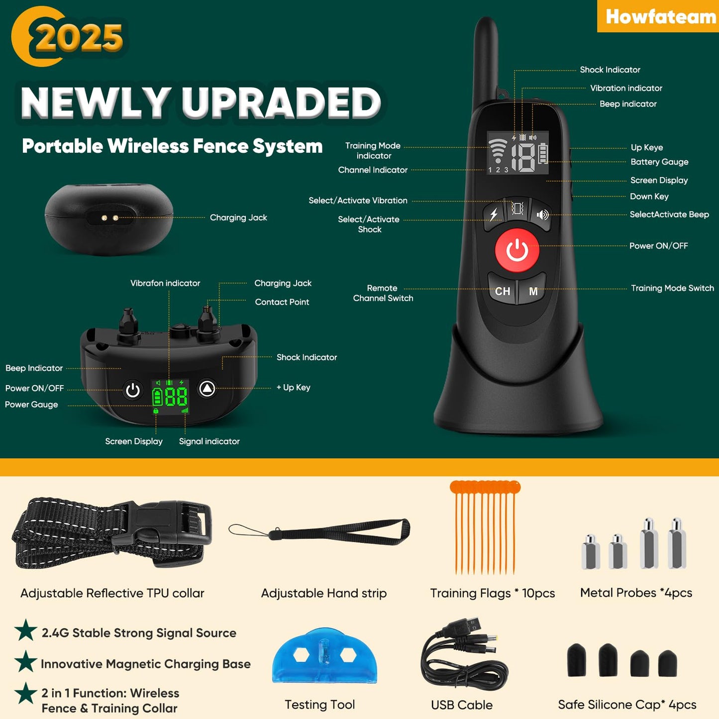 howfateam Wireless Dog Fence Collar, Electric Dog Fence & Remote Training Collar, Magnetic Charging Base, Portable Outdoor Wireless for Yards, Adjustable for Small Medium Large Dogs