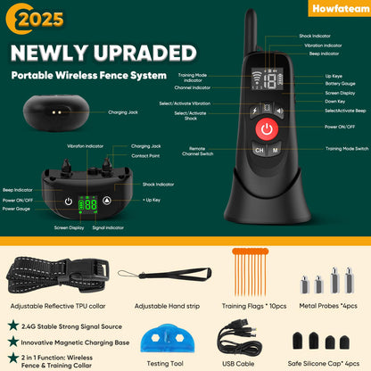 howfateam Wireless Dog Fence Collar, Electric Dog Fence & Remote Training Collar, Magnetic Charging Base, Portable Outdoor Wireless for Yards, Adjustable for Small Medium Large Dogs