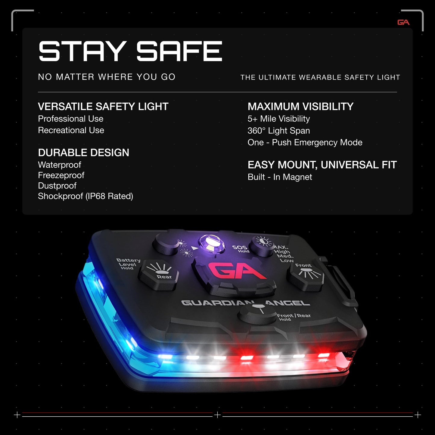 Guardian Angel Law Enforcement Infrared Wearable Safety Light Bundle - Elite Series Red/Blue/White Infrared Light, Universal Mount, Epaulet Mount and Tether, Magnetic Mounting, Professional Grade