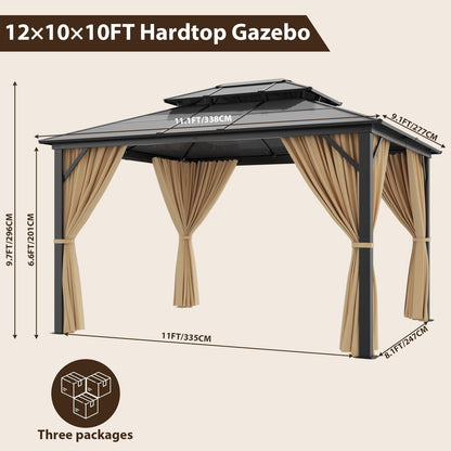 10' X 12' Hardtop Gazebo Canopy, Double Roof Canopy with Netting and Curtains, Outdoor Aluminum Frame Pergola, Heavy Duty Permanent Metal Pavilion for Patio Deck Backyard, Khaki