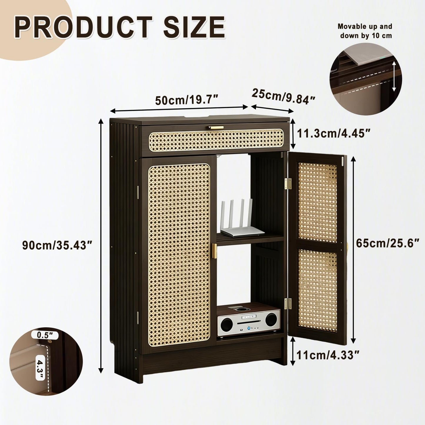 Jueraori WiFi Router Storage Cabinet with Adjustable Shelves, 2-Tier Standing Bamboo Cabinet with Rattan Doors and Drawer, Power Strip Cable Management Hider Rack for Home & Office(35.4"×19.7"×9.8")
