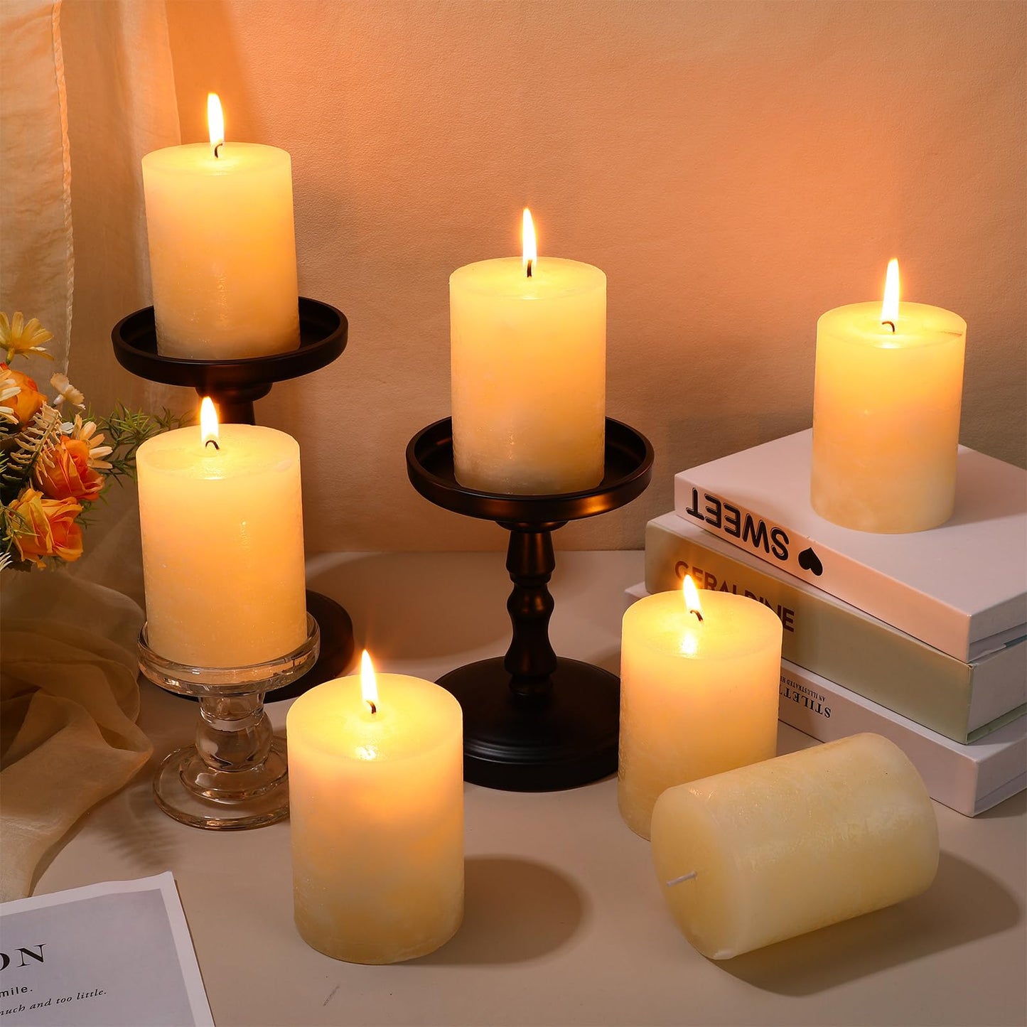 MTLEE 9 Pack Pillar Candles 3 x 4 Inch Smokeless and Dripless Large Candles Pillar Hand Poured Long Clean Burning Unscented Pillar Candles Set for Wedding Dinner and Home Decor (Ivory)