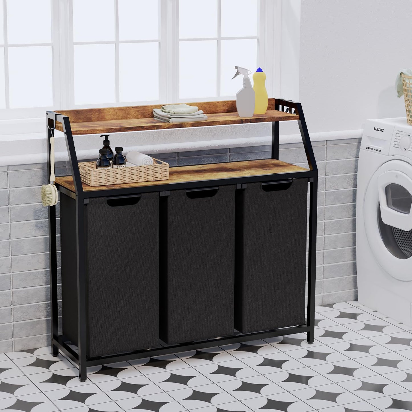 Timberer Laundry Hamper, Laundry Sorter 3 Section, Rolling Laundry Basket with Wheels, 2 Shelves, 3 × 14.5 Gal, Pull-Out and Removable Oxford Fabric Bags, for Laundry Room, Black and Rustic Brown