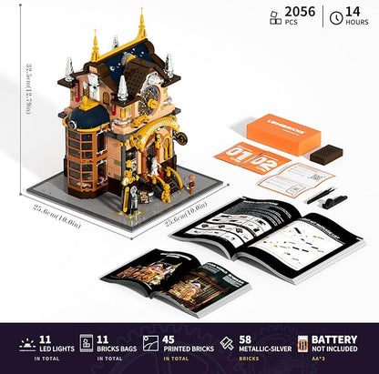Steampunk Memory Magic Shop Lighting Building-Bricks Set 2056 Pcs Modular Building from Chrono Custodians Collection Display Set for Adults and Steampunk Lovers