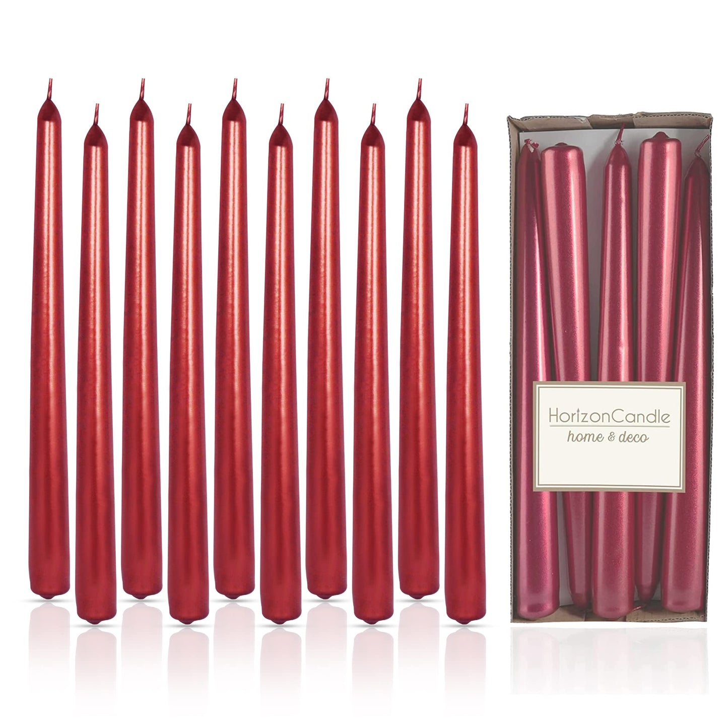 Horizon Unscented 10-Piece Taper Candle Set – 9 Hours Burning Time Smokeless & Dripless Candles for Centerpieces at Wedding, Holiday Dinners, Festive Parties and Home Decor - Metallic Red