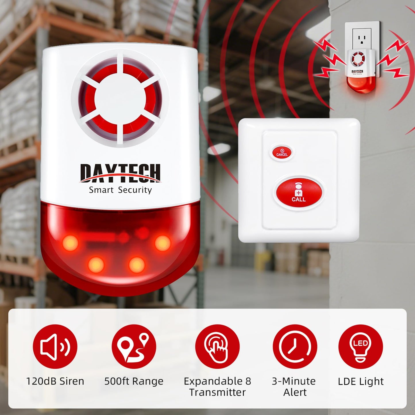 Daytech Panic Alarm Button-Strobe Siren Alarm with Light for Home Caring, 500ft Range, Loud Outdoor SOS Alert System with 2 Red Flashing Siren & 4 Panic Button for Store/Hotel/Jewelry/Shop Security