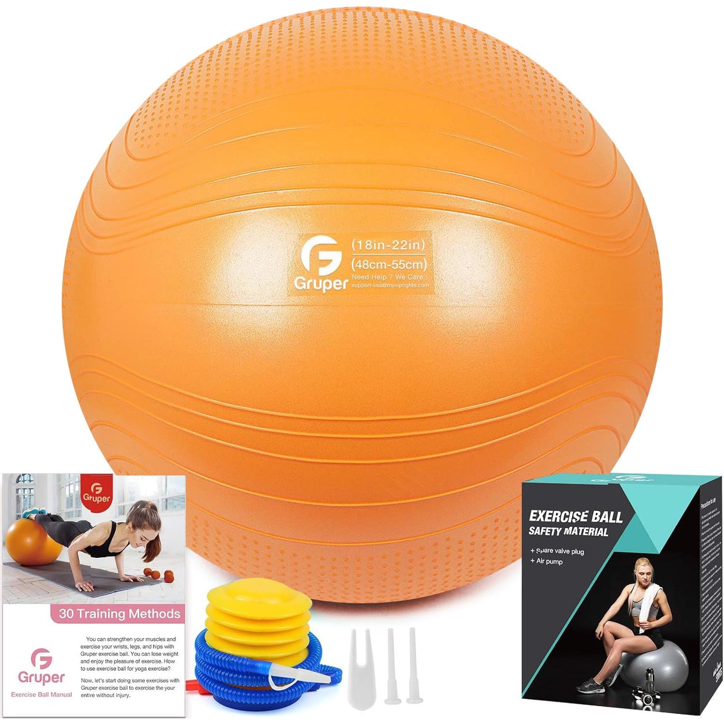 Gruper Yoga Ball, Multiple Sizes Non Slip Exercise Ball for Workout, Birthing, Balance, Stability, Pregnancy, 2200LB Capacity, Anti Burst Chair for Home and Office, Includes Quick Pump & Fitness Guide
