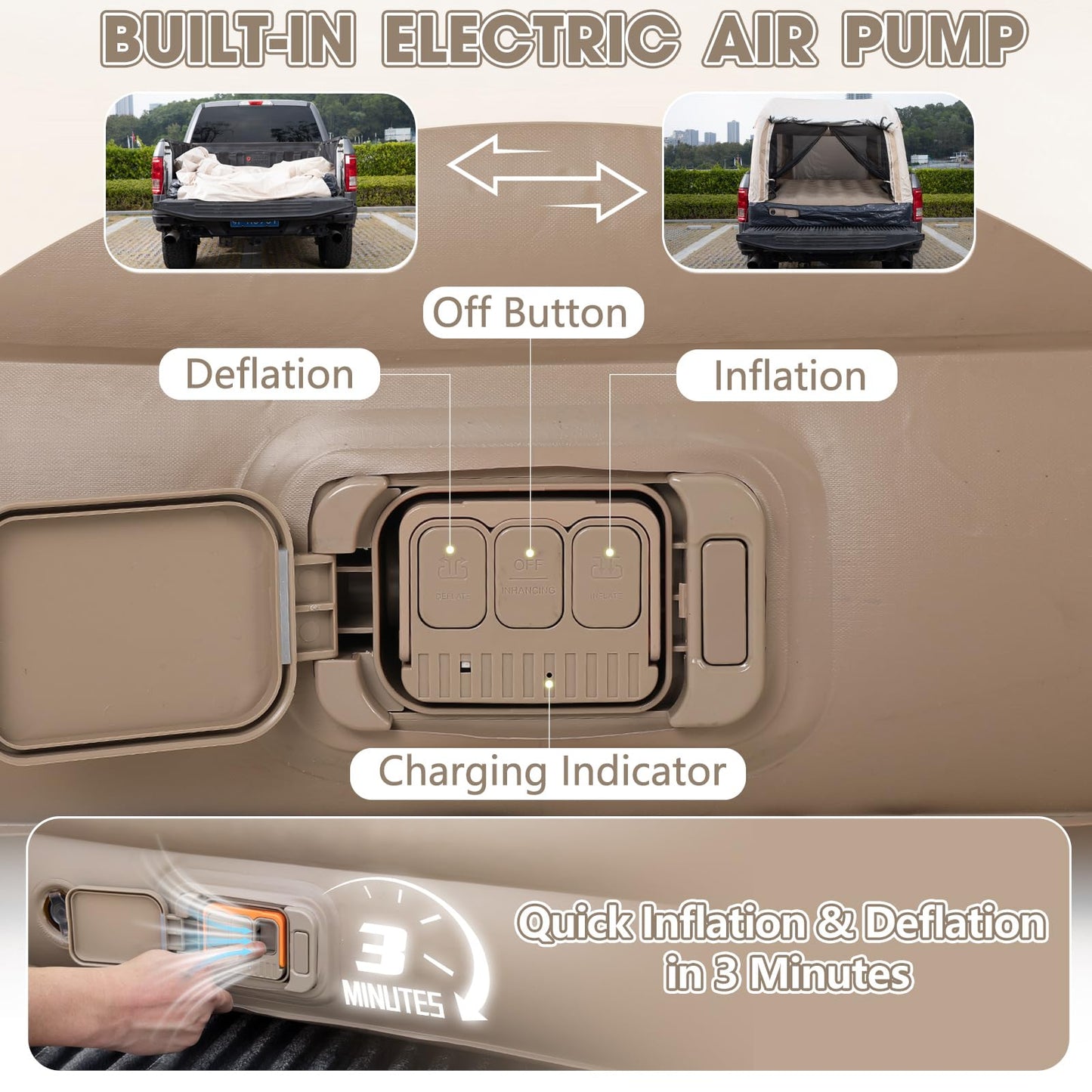 Afurkuot Inflatable Truck Tent & Air Mattress with Built-in Pump and Inflatable Pillow, Waterproof PU2000mm Double Layer Air Mattress Pickup Trcuks Tent for Road Trip Camping Outdoor Travel