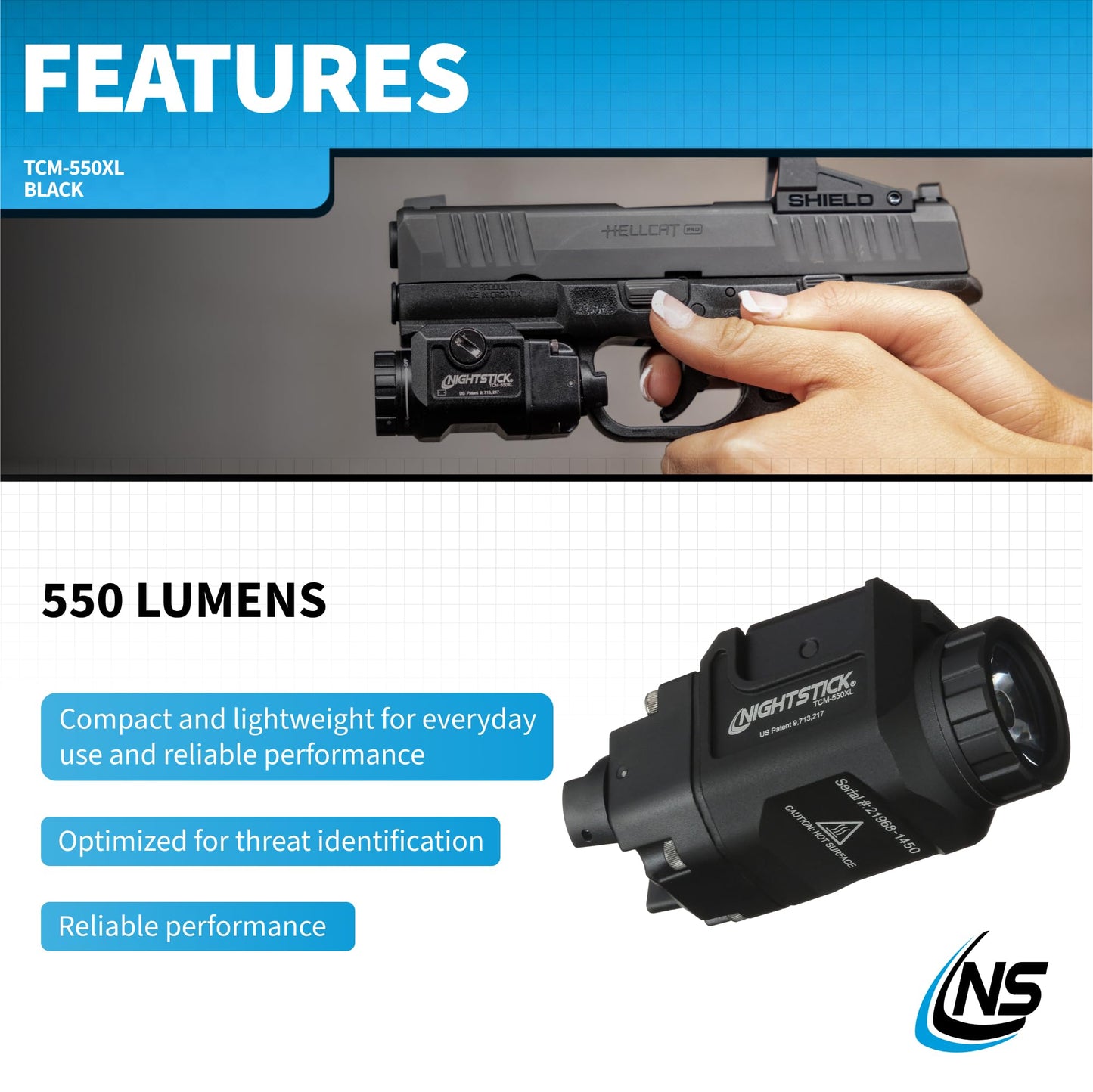 Nightstick TCM-550XL Compact Rail-Mounted Tactical Light - Waterproof Impact-Resistant Tactical Flashlight with Easy Momentary and Constant-On Switches