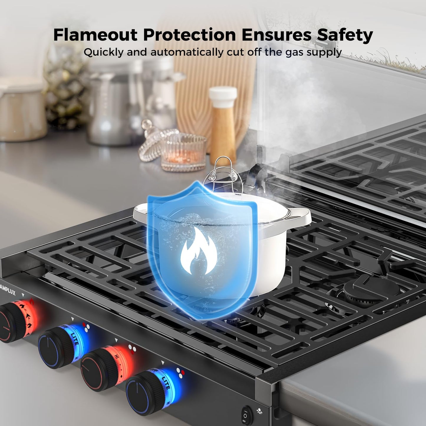CAMPLUX Elite RV Stove 3 Burners, 21,000 BTU Propane Cooktop with Tempered Glass Cover & Flame Failure Protection, 21-Inch Slide-In Gas Rangetop for RVs, Campers, Motorhomes, and Boats, Black