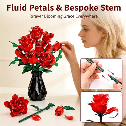 Red Rose Flower Bouquet Building Set Botanical Collection Kit Artificial Fake Flowers Blocks Home Table Decor Aesthetic for Valentine's Day Birthday DIY Craft Floral Gift Without Vase
