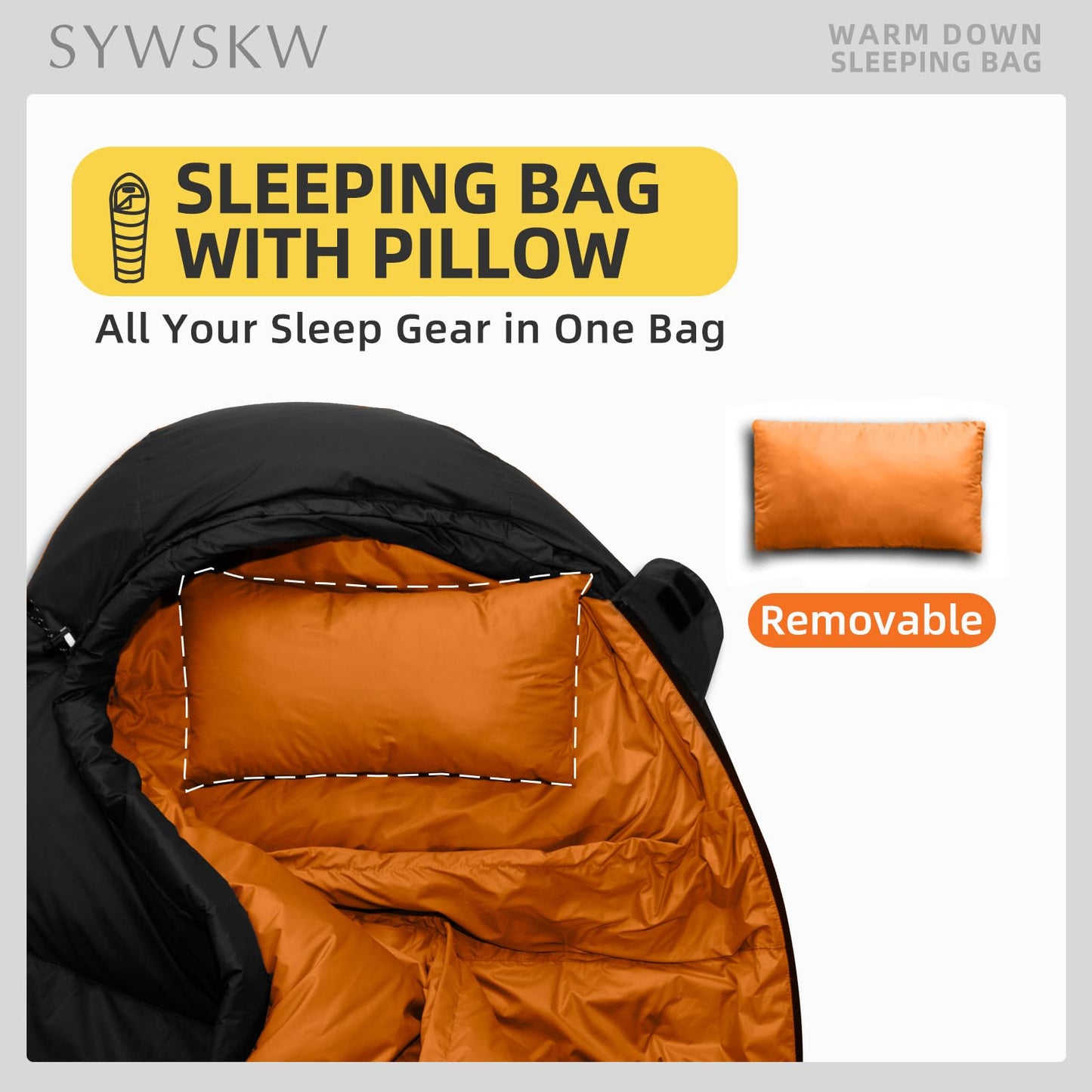 SYWSKW Down Sleeping Bag with Pillow for Backpacking,15℉ 5℉ 0℉ Wide Down Sleeping Bag (86.6 in x 33.5 in) for Adults,Teens,Youth Camping and Hiking Outdoor with 680FP Duck Down