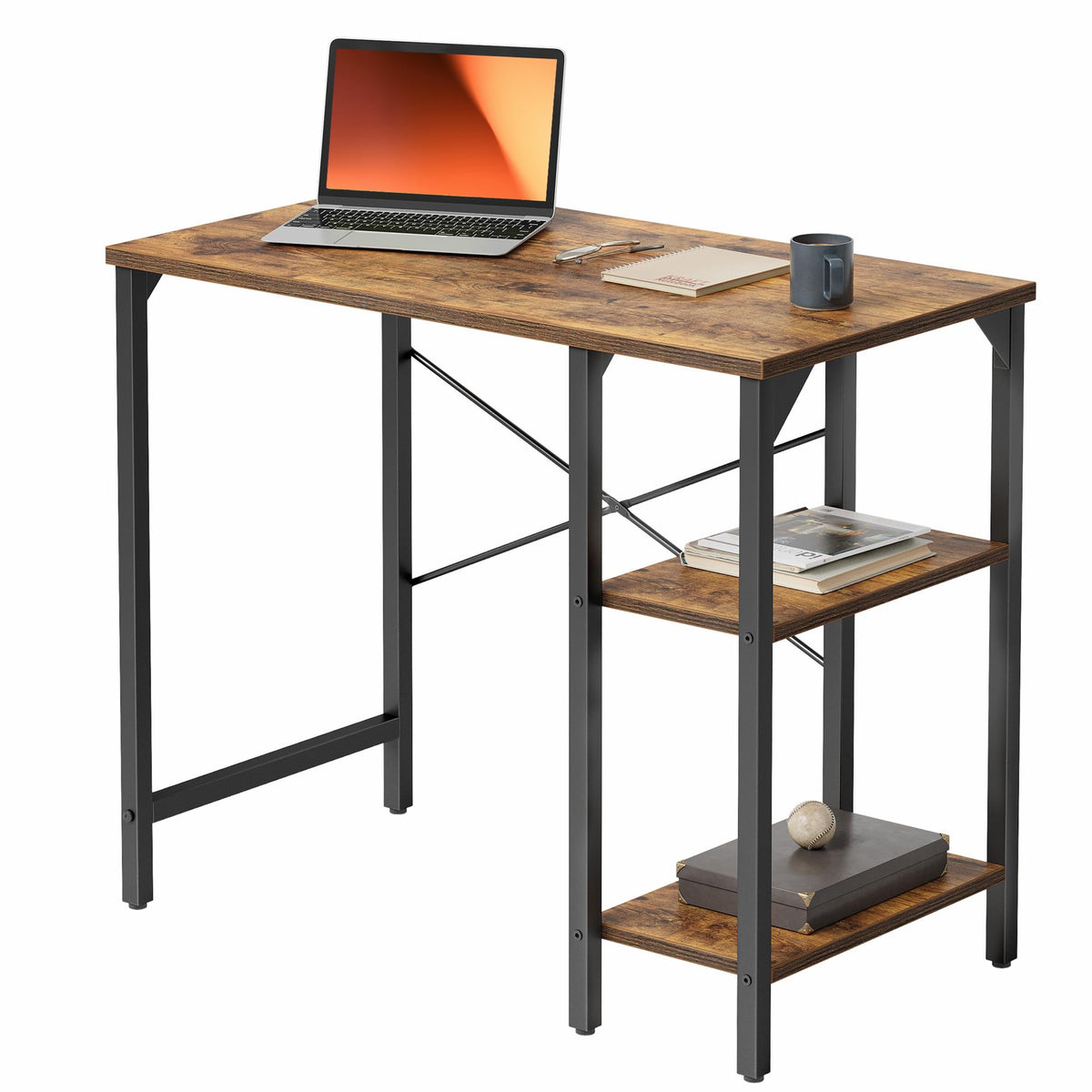 BANTI Small Computer Desk, 35 Inch Home Office Desk with 2Storage Shelves on Left or Right Side, Study Writing Desk with Storage Bag, Rustic Brown