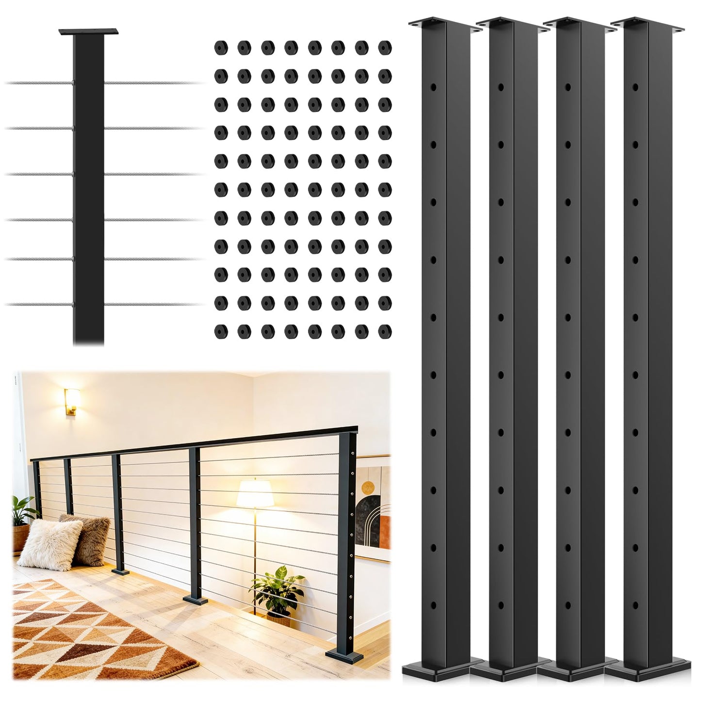 Gyykzz Black Cable Railing Post 36 Inch, 4 Pack Level Drilled Flat Top Railing Posts, Surface Mount T304 Stainless Steel Deck Wire Railing Posts for Indoor Outdoor Cable Railing System Kit
