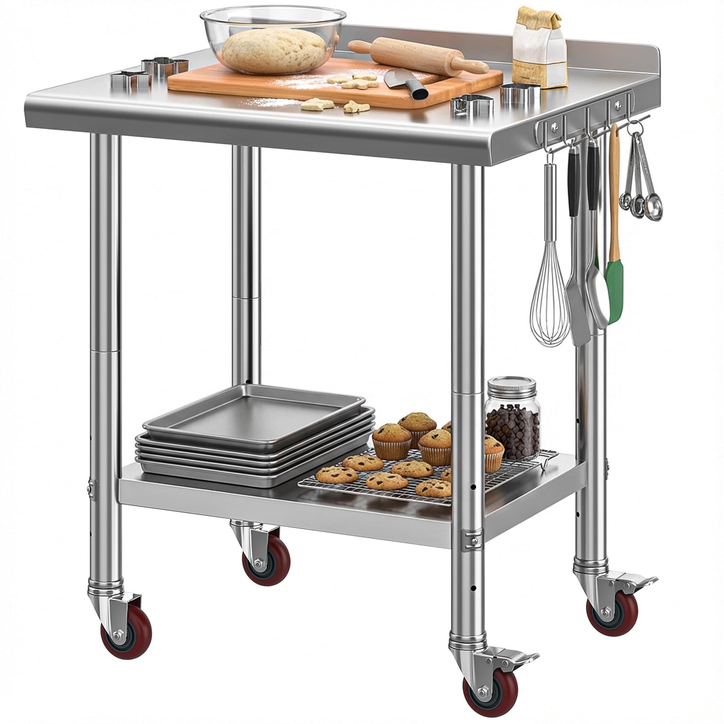 DWVO 30x24in Stainless Steel Table, NSF Metal Prep Worktable with Backsplash & Wheels for Kitchen Restaurant Hotel Garage Warehouse Home